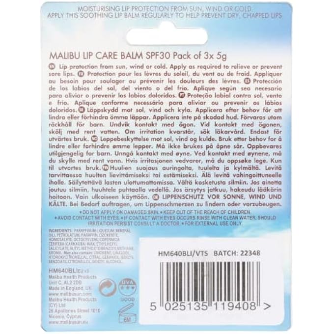 Malibu LIP CARE BALM, VANILLA, TROPICAL, STRAWBERRY, SPF30 - Image 2